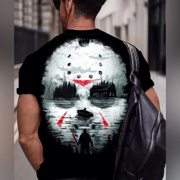 Mens Halloween Horror Scary Crystal Lake Camp Movie Killer Short Sleeve Tee - Picture 2 of 12